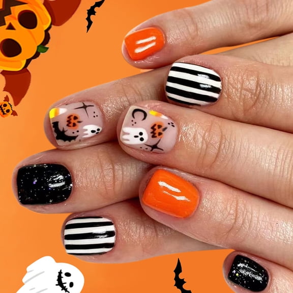 Halloween Nails Art Stickers 24Pcs Plastic False Nails With Mysterious Ghostly Stripes Pumpkin Bat Patterns For Women Party