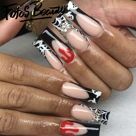 Halloween Nails-Fofosbeauty 24pcs Press on Nails, Artificial Acrylic Nails for Salon Quality in Seconds,Coffin Black French Spider Web