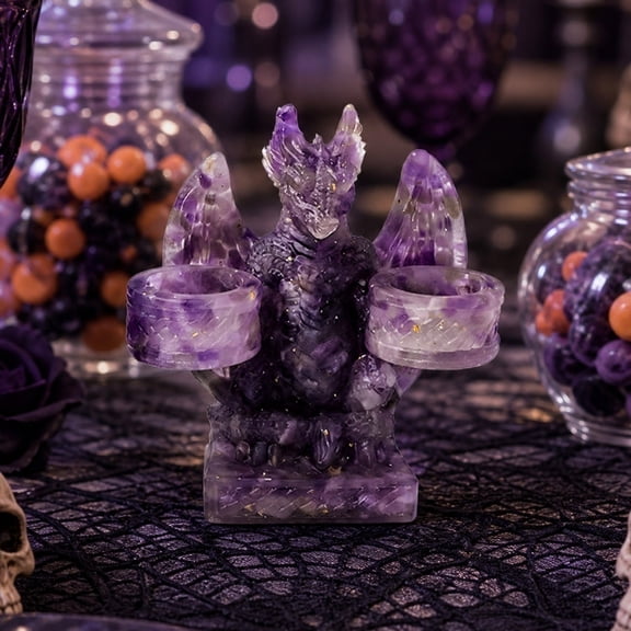 Halloween Natural Stone Flying Dragon Candlestick Base Ornament Crystal Ball Stand for Gothic Desk Shelf Tabletop Home Decor