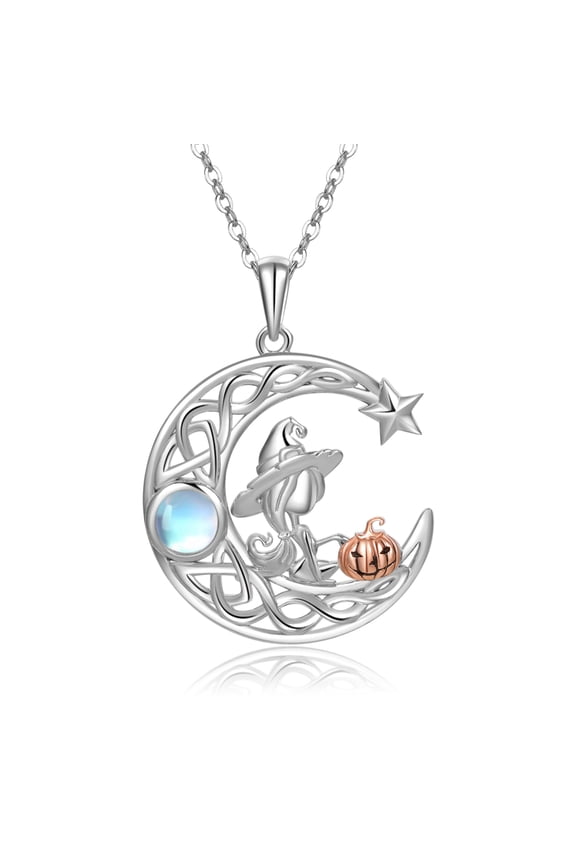 Halloween Necklace 925 Sterling Silver Celtic Moon Pendant Black Cat Pumpkin Moonstone Jewelry for Women (Celtic Moon with Pumpkin)