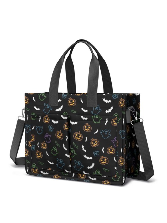 Halloween Neon Ghost Pumpkin Bat Pattern Canvas Messenger Tote Bag, Nurse Handbag with Multi Pockets & Removable Strap, Large Capacity Gifts for Women Men Teacher Nurse