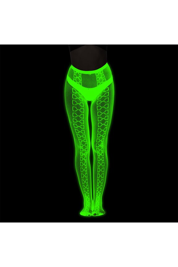 Halloween Neon Glow Fishnet Tights with Asymmetric Stripe & Diamond Pattern for Women, 1-Piece Luminous Sheer Legwear — High-Waist Rave Party Hosiery E One Size