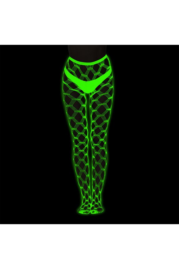 Halloween Neon Glow Fishnet Tights with Asymmetric Stripe & Diamond Pattern for Women, 1-Piece Luminous Sheer Legwear — High-Waist Rave Party Hosiery M One Size