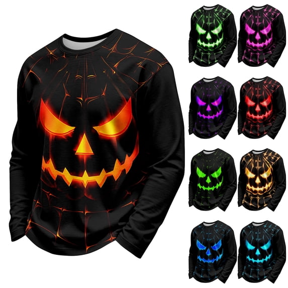 Halloween Neon Glow Pumpkin Spider Web Shirt for Men, Crew Neck Long Sleeve Casual Top Pullover, Cool Streetwear Party Clothes Red L