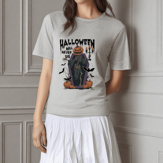 Halloween "Never Die" Print Season Short-sleeved round-neck Soft fashionable casual Gray S-3XL