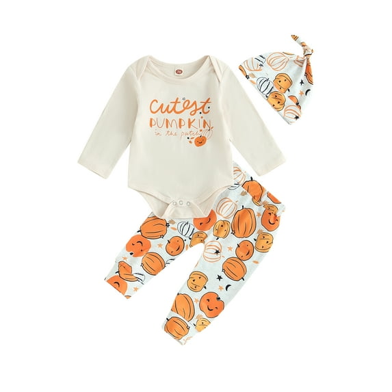 Halloween Newborn Baby Boys Outfits Letter Romper Bodysuit Pumpkin Pants Hat Set Long Sleeve Fall Winter Clothes 0-18M