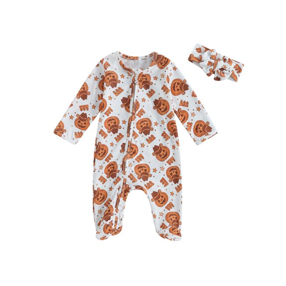 Halloween Newborn Baby Girl Outfit Long Sleeve Pumpkin Flower Jumpsuit Playsuit Headband 2Pcs Fall Winter Clothes
