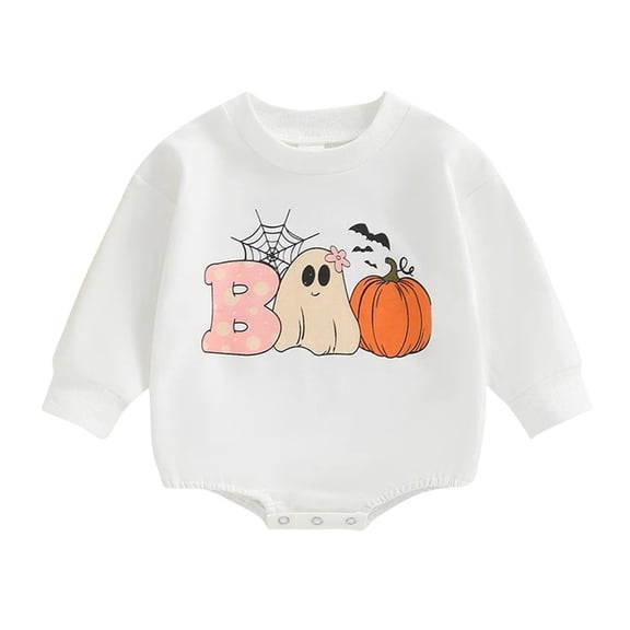 Halloween Newborn Baby Girl Outfit Pumpkin Sweatshirt Romper Long Sleeve Onesie Jumpsuit Infant Fall Winter Clothes White 0-3 Months