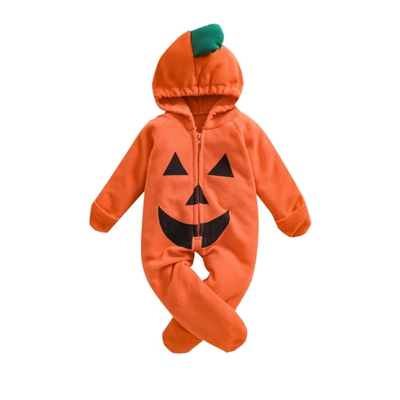 Halloween Newborn Baby Girls Boys Costumes Pumpkin Jumpsuit Long Sleeve Hooded Zip Up Footed Romper 0-24M