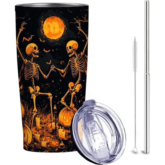 Halloween Night 20 oz Insulated Stainless Steel Tumbler | Spooky Skeleton Travel Mug with Leak Proof Lid and Telescope Straw | Hot & Cold Coffee Cup | Holiday Gifts for Men and Women