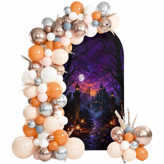 Halloween Night Arch Backdrop Cover 4 FT, Forest Path Horror Haunted Castle Full Moon Wedding Arch Cover Stretchy Backdrop Stands Covers for Birthday Party Ceremony Banquet Decor
