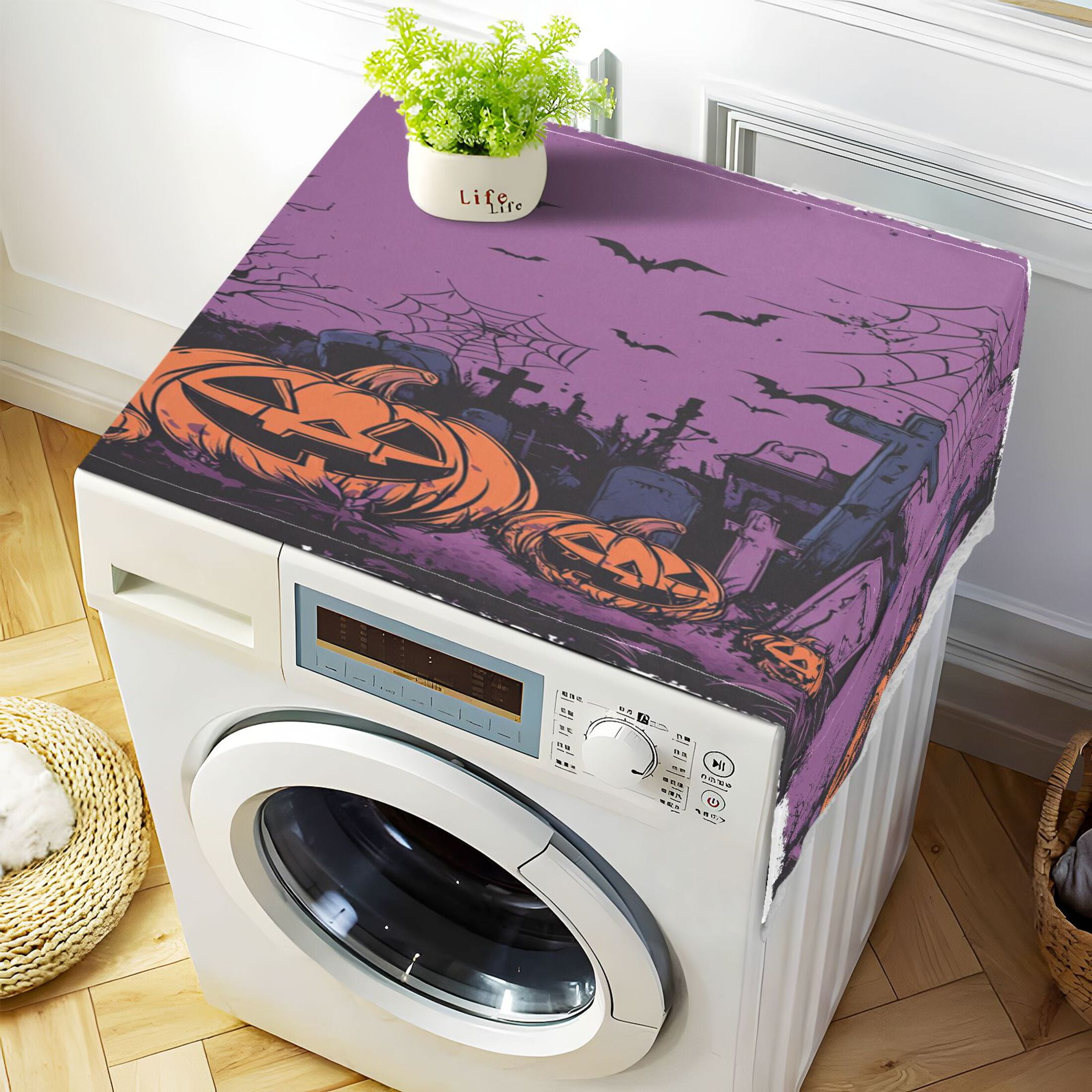 Halloween Night Background with Spooky PumpkinsWasher and Dryer Covers Dust-Proof and Oil Resistant Fridge Cover with 4 Storage Pockets Washing Machine Top Cover for Laundry Kitchen Home 51.2 x 22 In