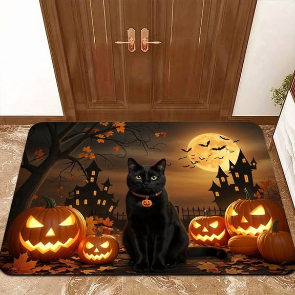 Halloween Night Black Cat Haunted House Pumpkin Moon Print Flannel Non Slip Washable Floor Rug Spooky Decor.