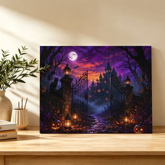 Halloween Night Canvas Wall Art, Forest Path Horror Haunted Castle Full Moon Wall Art Prints Artwork Framed Canvas Ready to Hang Art Pictures for Bathroom Bedroom Entry Desk Corner 10" x 8"