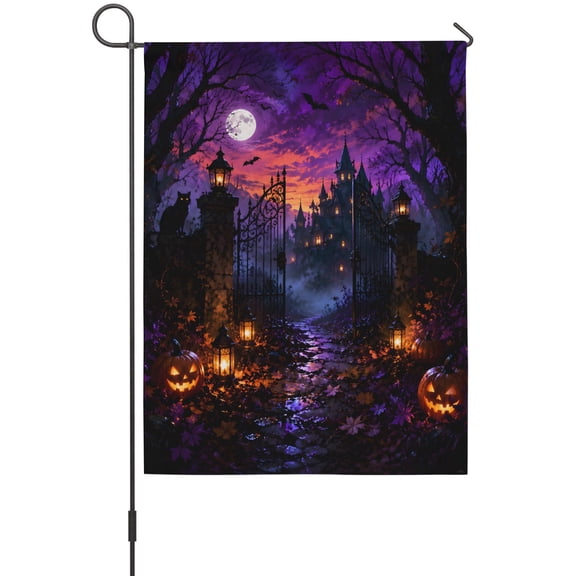 Halloween Night Garden Flags For Outdoor, Forest Path Horror Haunted Castle Full Moon Small Double Side Yard Flags Weather Proof Garden Decor for Lawn Outside Holiday 12 x 18 Inches