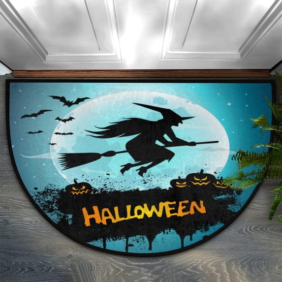 Halloween Night Half Round Door Mat, Witch Non-Slip Half Circle Rug Doormats Absorbent Washable for Indoor Outdoor Kitchen Bedroom Home Decor 24"x36"