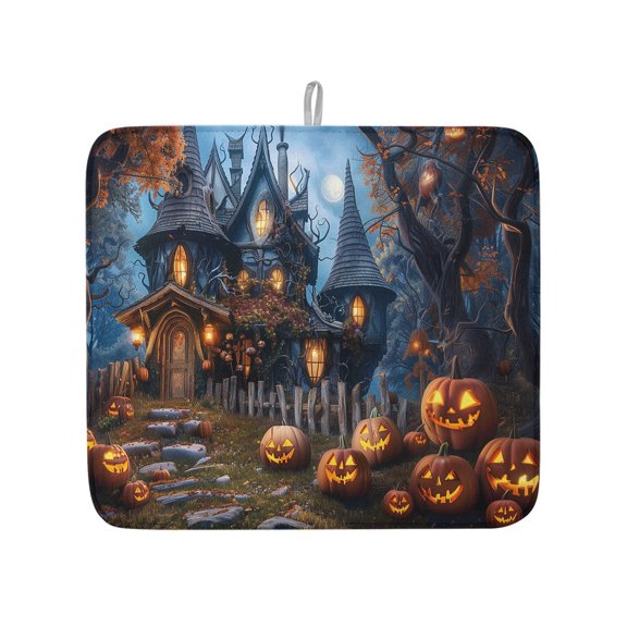 Halloween Night Horror Castle Moon Forest Dish Drying Mats for Kitchen Counter,Absorbent Microfiber Dish Drainer Rack Mat Scary Pumpkin Ghost Drying Pad for Sinks,Utensils,Countertops,16x18in