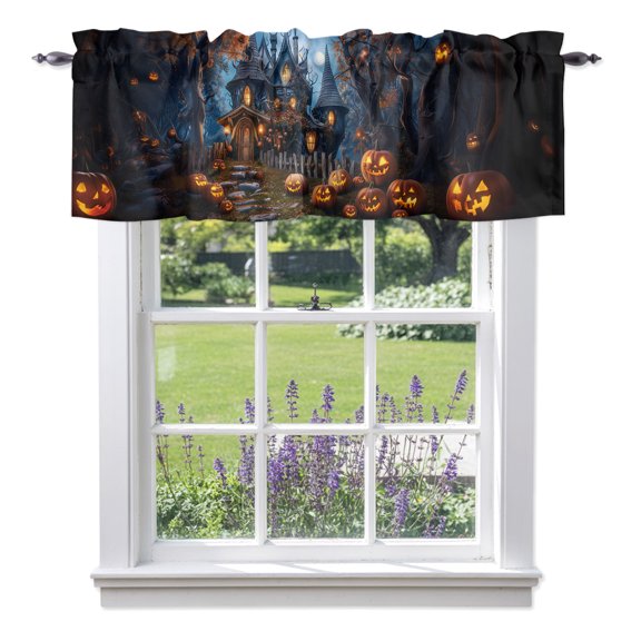 Halloween Night Horror Castle Moon Forest Valances for Windows,Kitchen Valance Rod Pocket Short Curtain, Scary Pumpkin Ghost Valance Curtain Window Valances for Bedroom Bathroom Living Room 42x12in