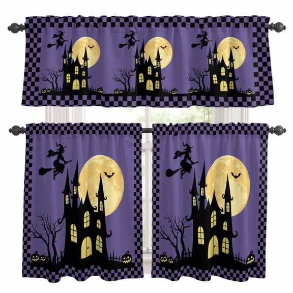 Halloween Night Kitchen Curtains Sets for Windows 24 Inch Length, Horror Castle Witch Evil Pumpkin Purple Plaid Rod Pocket Window Treatments Tier Curtains and Valances Set for Bedroom/Bathroom