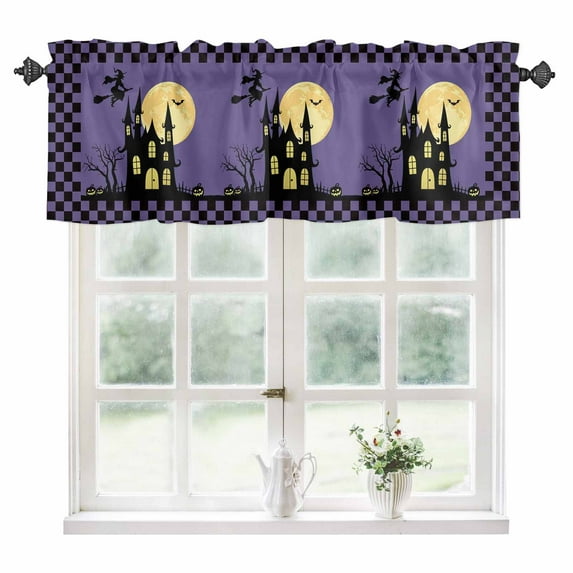 Halloween Night Kitchen Valances for Windows 60x18 Inch Kitchen Curtains Valances Rod Pocket Horror Castle Witch Evil Pumpkin Purple Plaid Bathroom Window Valances for Window Treatment Decor