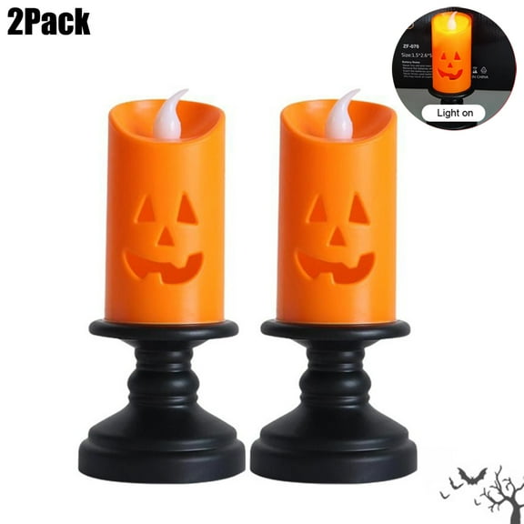2Pcs Halloween Pumpkin Candle Light, Halloween Orange Flameless Candle Lights LED Lamps Festival Decor Light for Halloween Party
