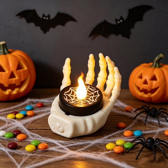 Halloween Night Light, Creative Skeleton Hand Shape, Soft LED Tea Light, Spooky Ambience Lamp, Exquisite Desktop Ornament for Home Table, Tiered Tray, Halloween Party Decor Scenarios