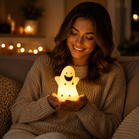 Halloween Night Light Decor Mini Glowing Ghost LED Table Lamp 4.72x2.95x2.76in Plastic Warm LED & Cute Design for Desktop Bedroom Indoor Halloween Home Decor by MPOISVA