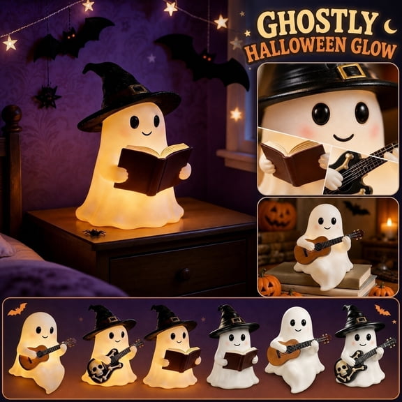 Halloween Night Light, Ghost Night Light, Cute Night Light, Night Light for Student, with Witch Hat Reading Book Design, 5X4.5X4 in Compact Size, Soft Warm Glow for Tabletop
