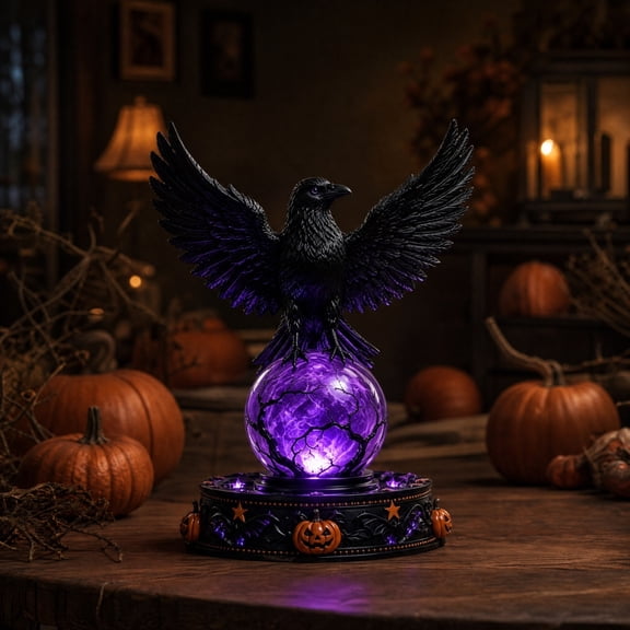 Halloween Night Light, Gothic Owl Witch Hat Lamp with Crystal Ball and Spooky Pumpkin Base Decor, LED Tabletop Ornament for Halloween Party Home Bedroom Graveyard Theme