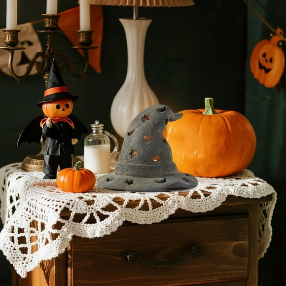 Halloween Night Light, ImitationTerracotta Ornament Witch Hat Lantern – Resin Fall Decorations, Halloween Party Favors, Halloween Decoration Indoor Centerpiece