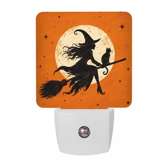 Halloween Night Light, Mythical Witch Silhouette Night Flight Full Moon Plug in Night Lights with Dusk to Dawn Sensor, Energy Saving Orange LED Nightlight for Bedroom Bathroom, Auto On/Off