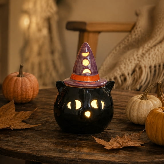 Halloween Night Light Witch Hat Cat Ceramic 4.9in LED Tabletop Fall Decor by OVFUIZ