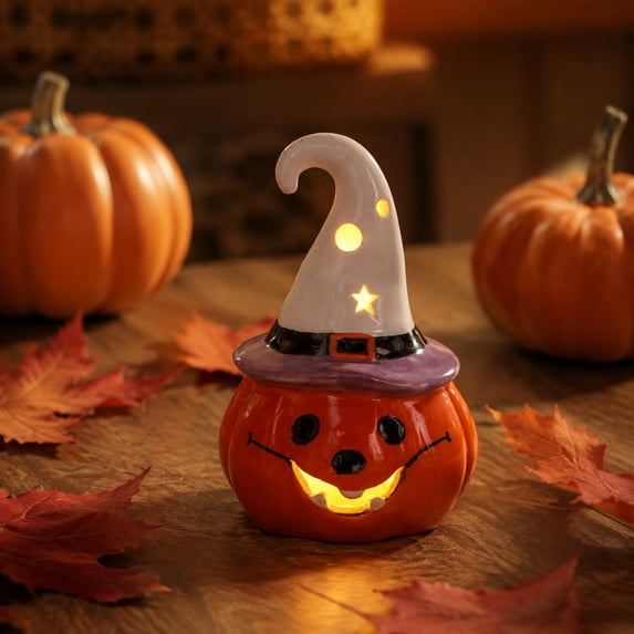 Halloween Night Light Witch Hat Cat Ceramic 4.9in LED Tabletop Fall Decor by OVFUIZ