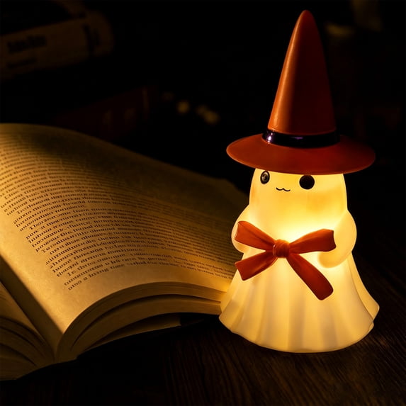 Halloween Night Light Witch Hat Ghost Resin 5.1in Warm LED Tabletop Ornament by OVFUIZ