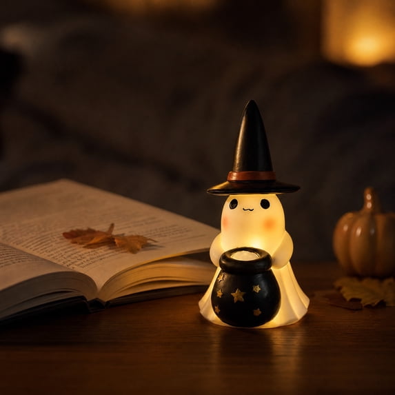 Halloween Night Light Witch Hat Ghost Resin 5.1in Warm LED Tabletop Ornament by OVFUIZ