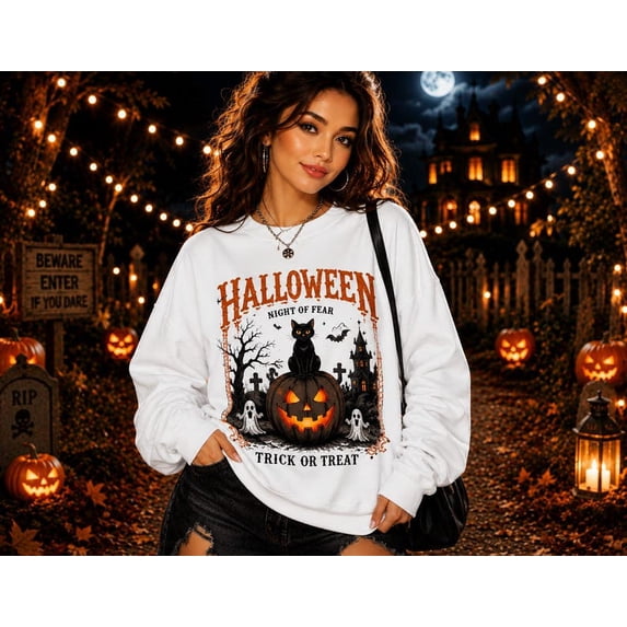 Halloween Night Of Fear Cat Pumpkin Sweatshirt, Vintage Halloween Graphic Crewneck, Trick Or Treat Fall Sweatshirt