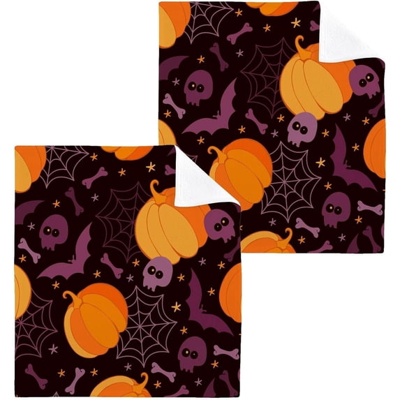 Halloween Night Pumpkin Skull Washcloth 12x12in Set, 6 Pack Absorbent Cotton Towel Square Kitchen Dishes Towels, Soft Cleaning Face Hand Towel Fast Drying Wash cloth