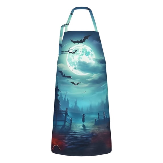 Halloween Night Scene Apron-Garden Aprons for Women with Pockets-Cotton Linen Waterproof Kitchen Cooking Gardening Aprons Adjustable for Kitchen,Cooking,BBQ and Salon 32"x27"