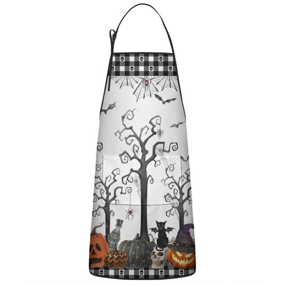 Halloween Night Scene Pattern Apron-Garden Aprons for Women with Pockets-Cotton Linen Waterproof Kitchen Cooking Gardening Aprons Adjustable for Kitchen,Cooking,BBQ and Salon 33"x27"