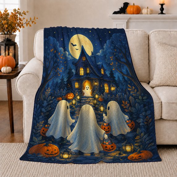 Halloween Night Scene Trick-Or-Treat Ghosts, Festive Halloween Scene, Warm Flannel Blanket for Living Room and Family Room, Art Lovers Halloween Gift, Festive Home Decor