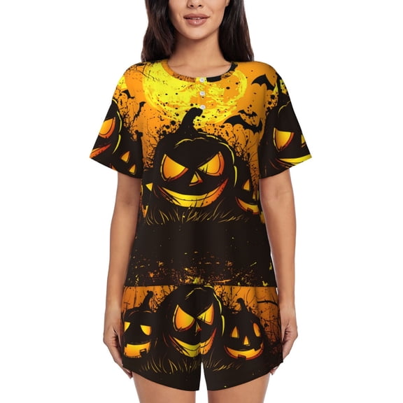 Halloween Night Spooky (1) Womens Pajamas Short Set Soft Short Sleeve Sleepwear Button Down Pjs Set with Pockets S XXL Medium