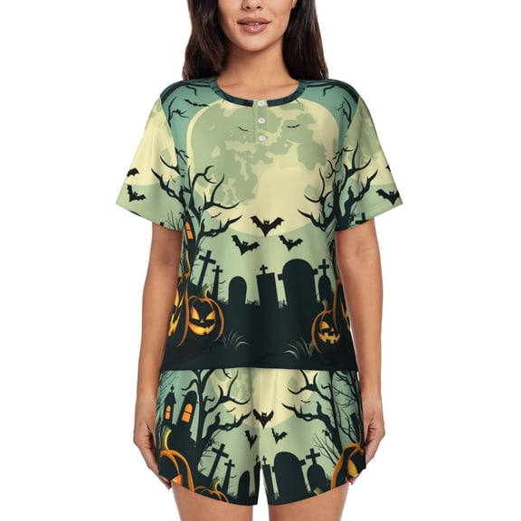 Halloween Night Spooky (13) Womens Pajamas Short Set Soft Short Sleeve Sleepwear Button Down Pjs Set with Pockets S XXL Large