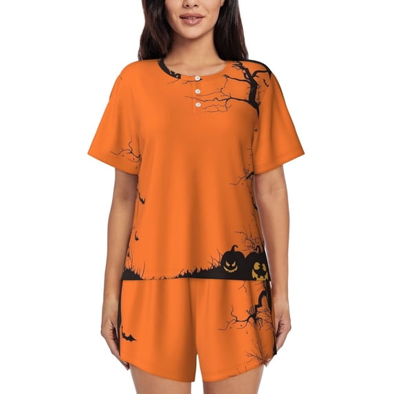 Halloween Night Spooky (8) Womens Pajamas Short Set Soft Short Sleeve Sleepwear Button Down Pjs Set with Pockets S XXL 4x Large