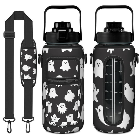 Halloween Night Themed 64oz Sports Water Bottle - Spooky Bat & Cobweb Design Leak-Proof Bottle with Storage Pockets for Gym