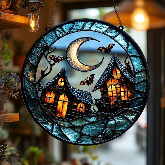 Halloween Night Village Acrylic Suncatcher Crescent Moon Cottage Faux Stained Glass Window Hanging Halloween Decor Gift