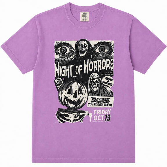 Halloween Night of Horrors Graphic T-Shirt, Vintage Scary Movie Poster Tee, Spooky Pumpkin Horror Shirt