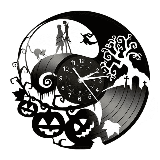 Halloween Nightmare Inspired Vinyl Record Wall Clock with LED Light, Silent Non-Ticking Gothic Wall Decor, Pumpkin Tree Moon Clock for Bedroom, Living Room & Holiday Gifts