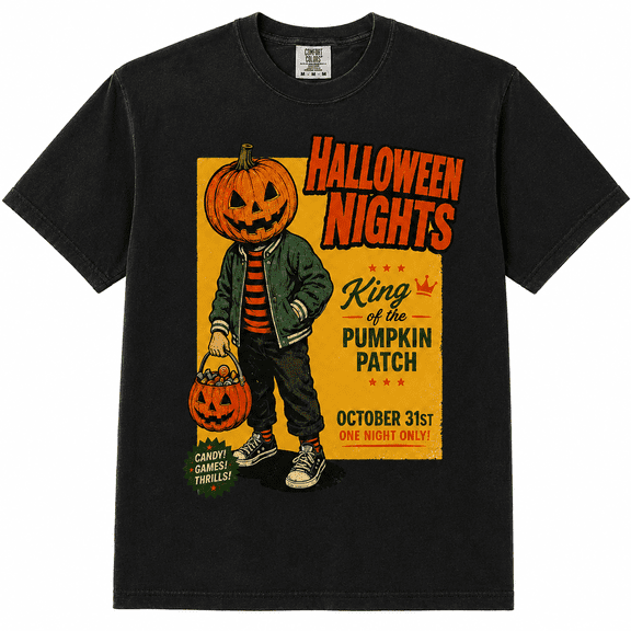 Halloween Nights King of the Pumpkin Patch Graphic T-Shirt, Vintage Jack O’ Lantern Trick or Treat Poster Design Tee for Adults