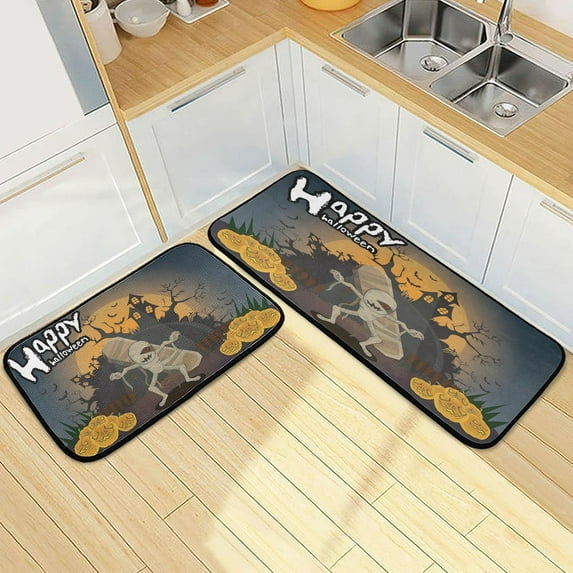 Halloween Nights Kitchen Rugs 2 Pieces, Scary Mummy Floor Mat Room Area Rug Washable Carpet Perfect for Living Room Bedroom Entryway Carpet Runner