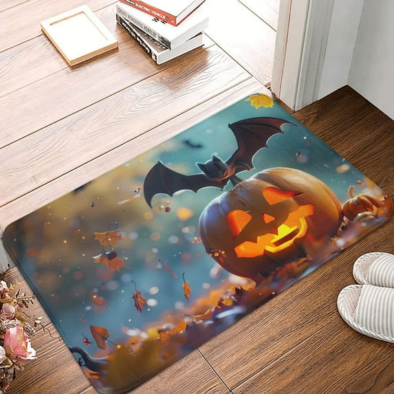 Halloween Non Slip Door Mat, Halloween Bat Pumpkin Autumn Halloween Decor Absorbent Bath Tub Mats, Bathroom Rugs Welcome Mat, Bath Mat for Halloween Decor Home, Kitchen 16x24in